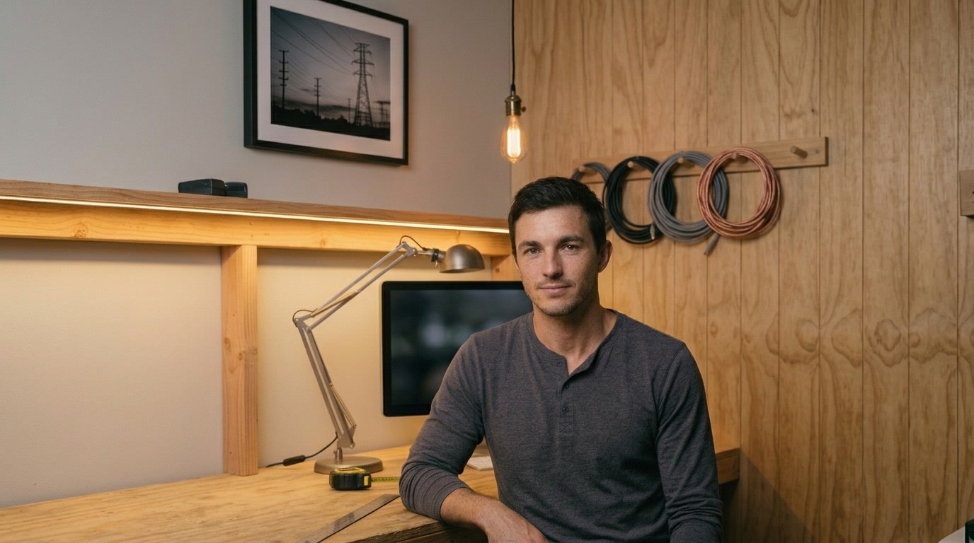 AI-generated image of Cole, Sweet Commute's AI host, sitting at a timber workbench in a shed workshop, with coiled cables on the wall and a framed photo of power lines.